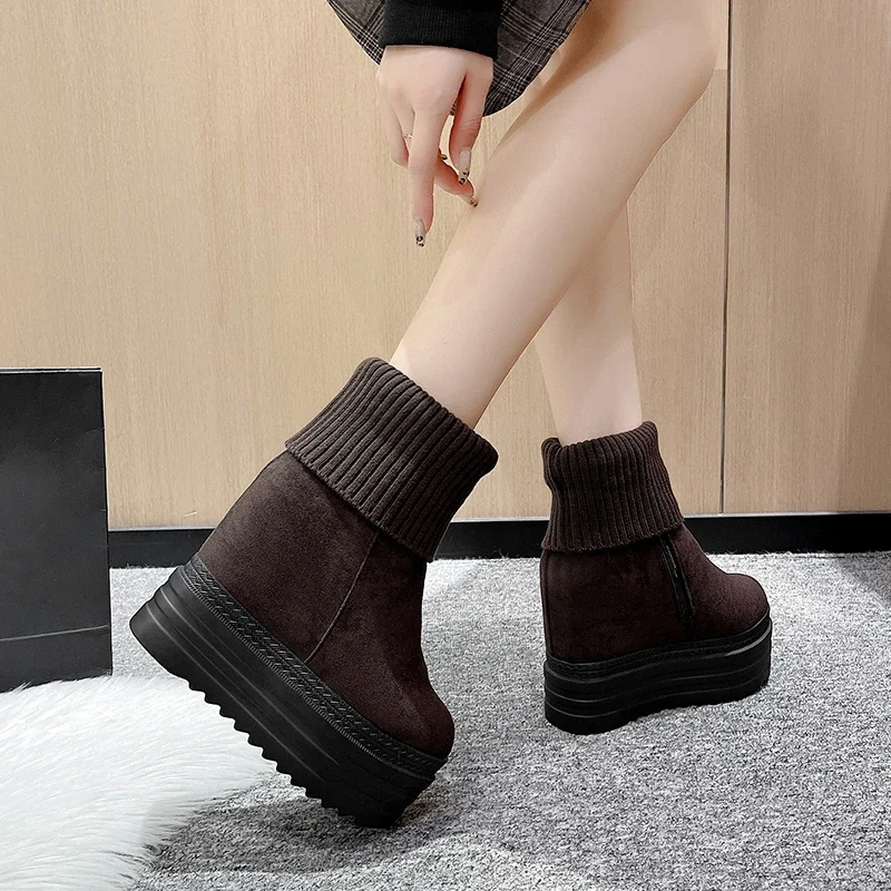 2024 frauen Chunky Stiefel Herbst Leder Versteckte Heels Frauen Turnschuhe Winter Pelz Innen Warme Schnee Stiefel Zip Plattform Stiefeletten