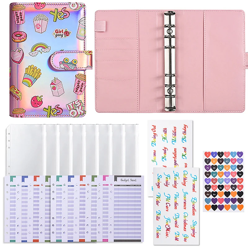 A6 Cute Laser Money Budget Planner Binder With Zipper Pouch&Labels Cash Envelopes For Budget Money Organizer Removable Binder