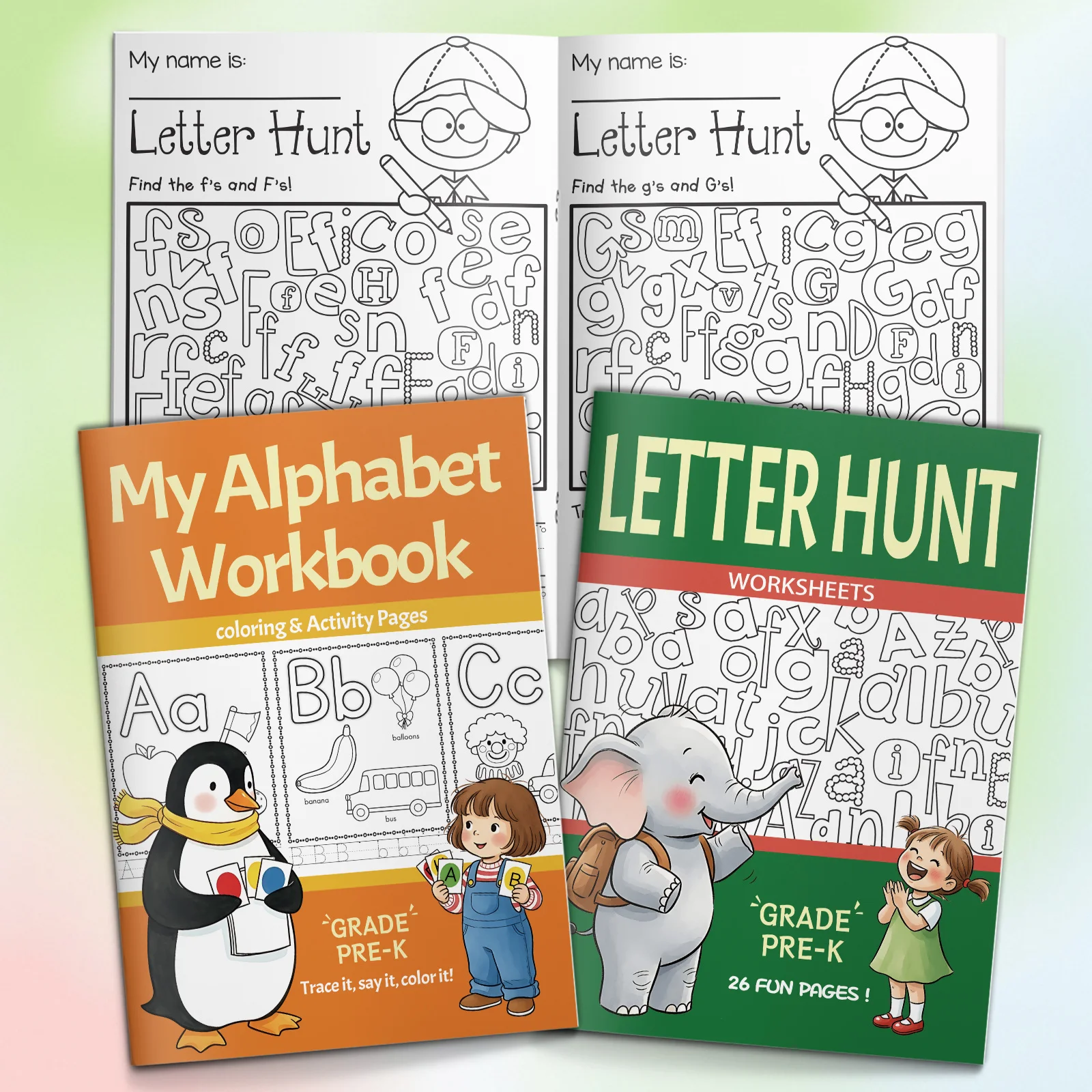 2‑Book A‑Z Alphabet Workbook Set, Letter Hunt Worksheets + My Alphabet Workbook, Tracing, Coloring & Letter Search