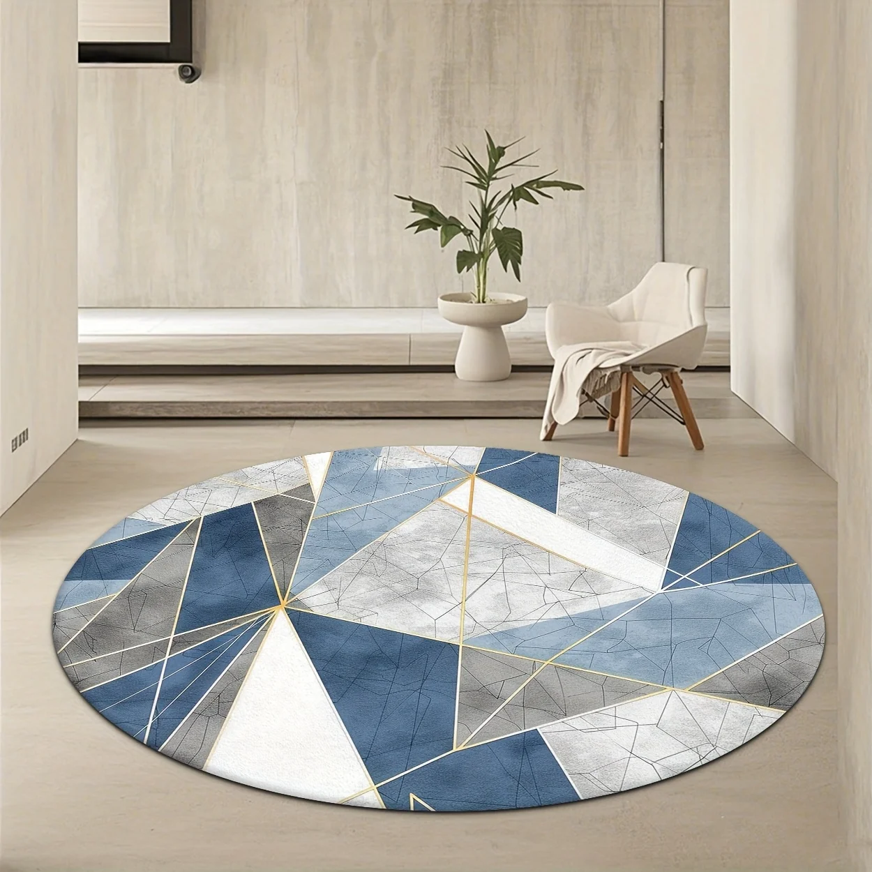 Nordic Abstract Geometric Circular Decor Mat  Blue Gray Marble Vein Gold Line Printed Round Rug for Living Room & Bedroom