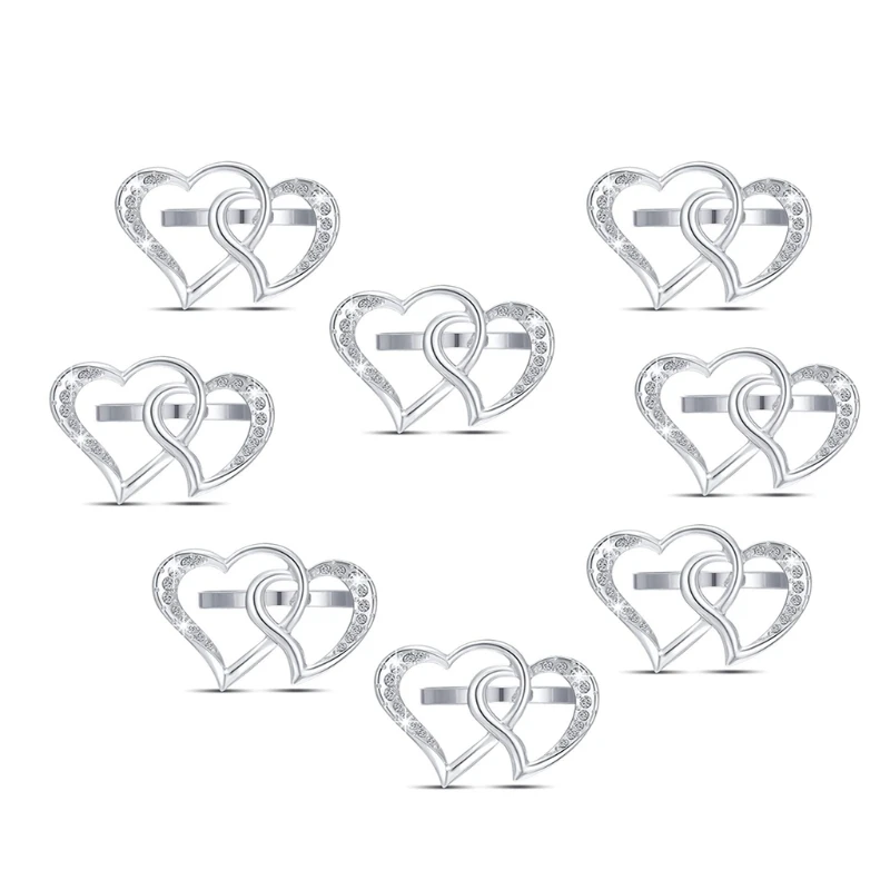 

367A 8 Pcs Metal Napkin Ring Buckle Set Double Heart Napkin Rings Dinner Napkin Holder Suitable for Wedding Party Table Decor