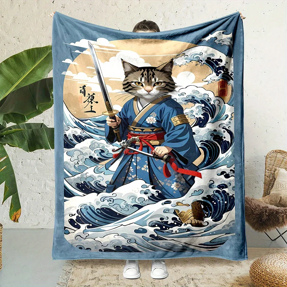Contemporary Reversible Flannel Throw Blanket, Cartoon Samurai Cat Print, All-Season Cozy Polyester Bedding, Non-Woven Craftsman