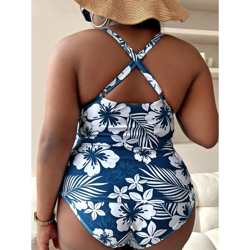 New Women's Plus Size One-Piece Bikini Digital Print Gathered Conservative Swimsuit