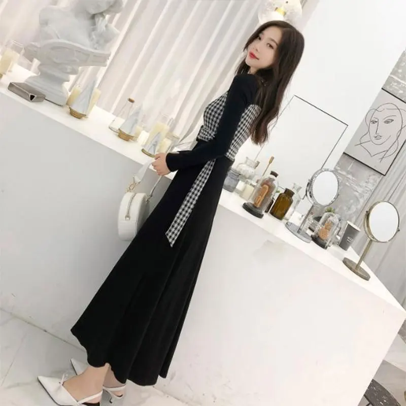 Patchwork V Neck Long Sleeve Fake Two Pieces Dresses Elegant Fashion Harajuku Female Clothes Loose Casual Sweat All Match Skirt