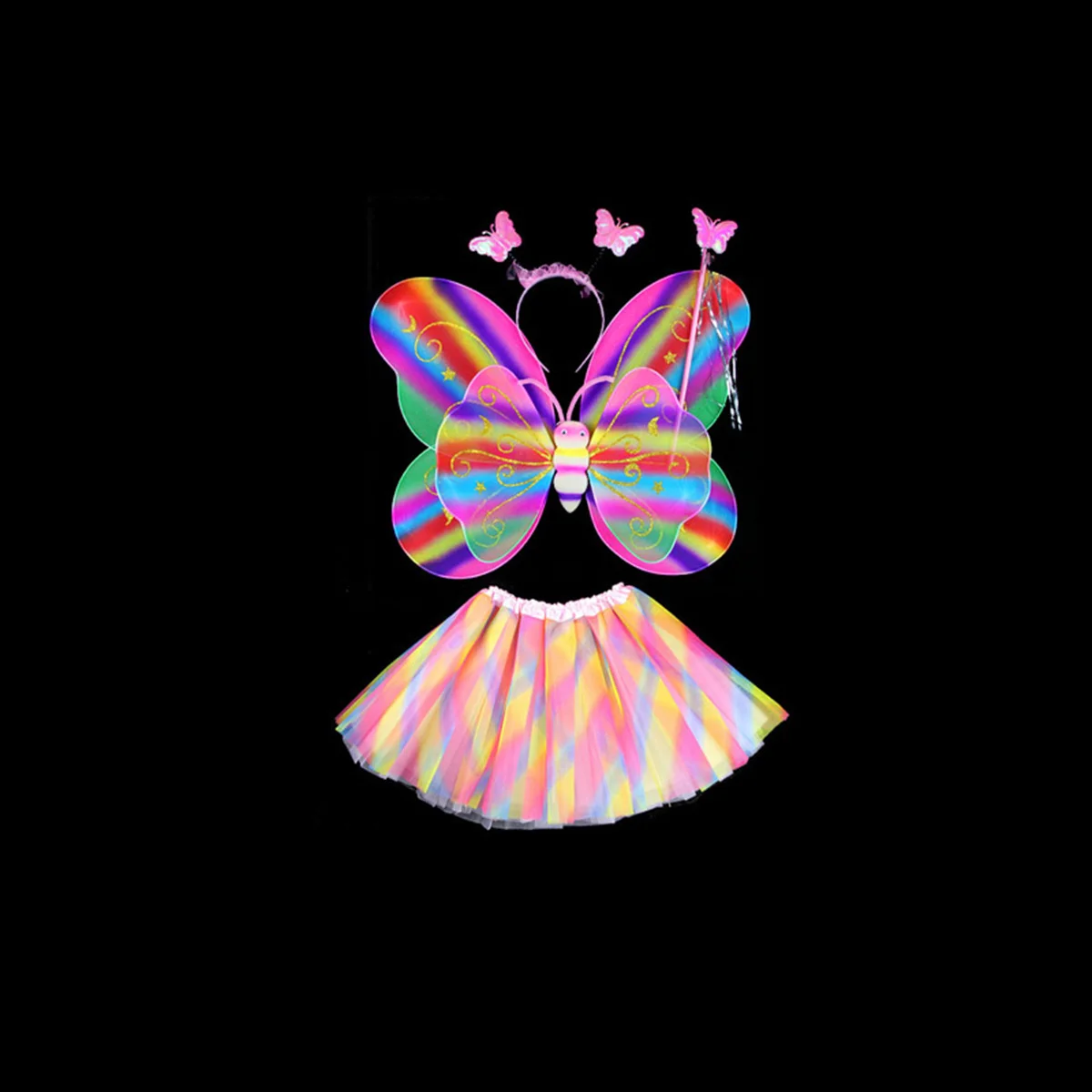 Conjunto de disfraz de alas de hada para niños, alas de mariposa, varita de plástico duradera, diadema, falda tutú para fiesta temática de cumpleaños y Halloween, 4 Uds.