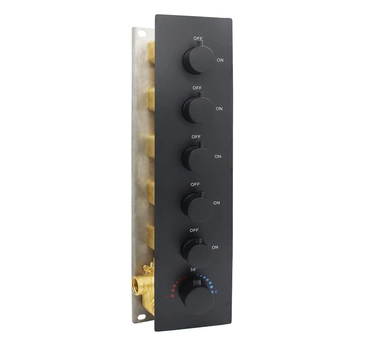 5 Way Thermostatic Brass Water Valve Black Bathroom Shower Mixing Valves with Box Packaging