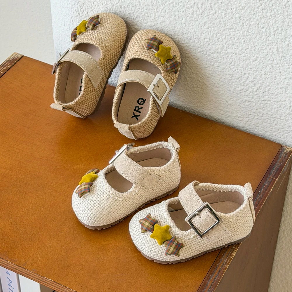 Baby Walking Shoes Weave Trendy Toddler Flat Shoes Hook&loop Round Toes 2026 Brand New Girls Casual Shoes Non-slip Soft Sole