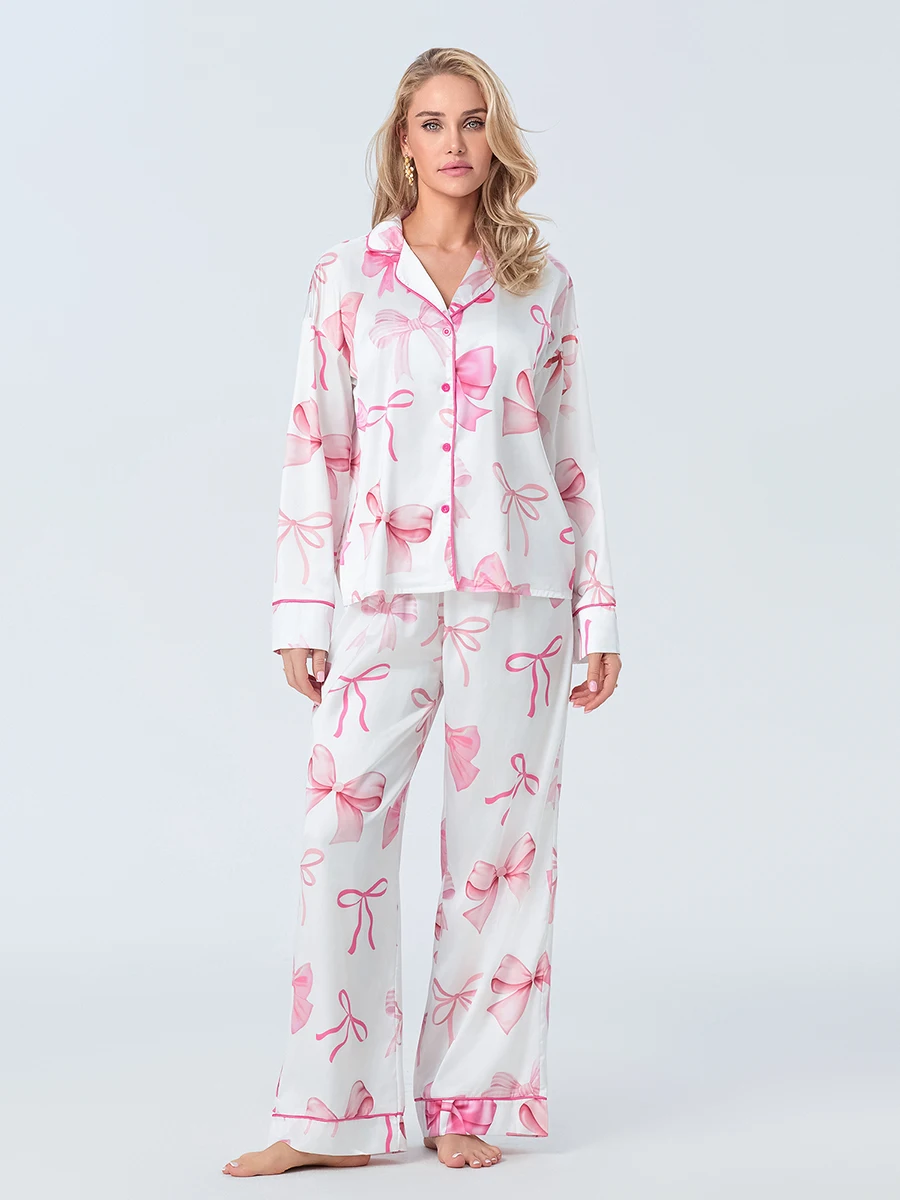 Women's Fall Loungewear Set Bow Print Long Sleeve Lapel Button Shirt with Pants Satin Sleepwear