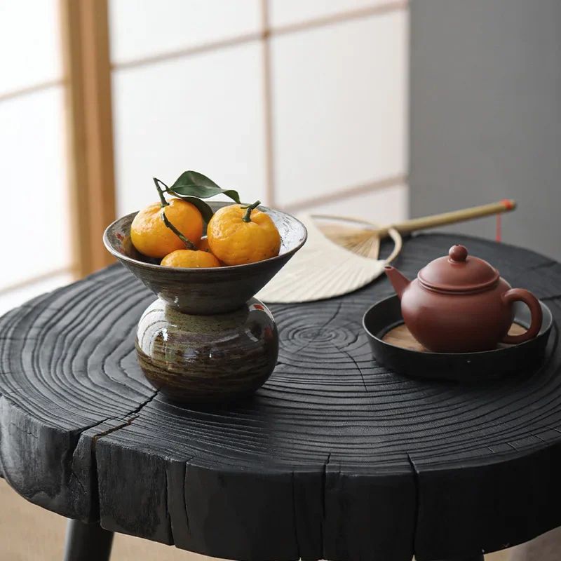 Vintage Ceramic Fruit Plate, Separated Dish, High Footed Bowl, Handmade Coarse Pottery Flower Vase, Living Room Nut Plate