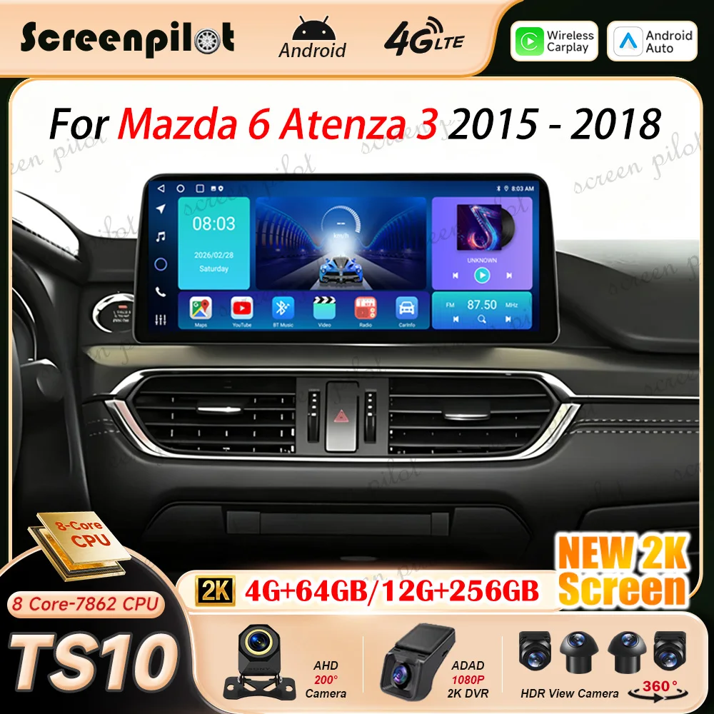 12.3'' Android 16 Car Radio Stereo For Mazda 6 Atenza 3 2015 2016 2017 2018 2K QLED Multimidia Player GPS Carplay Android Auto