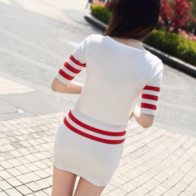 Women\'s Stripe Knitted Dress Suit 2022 New Spring Summer Fashion Crop Tops Short Hip Wrap Skirt Two Piece Set For Women Clothes