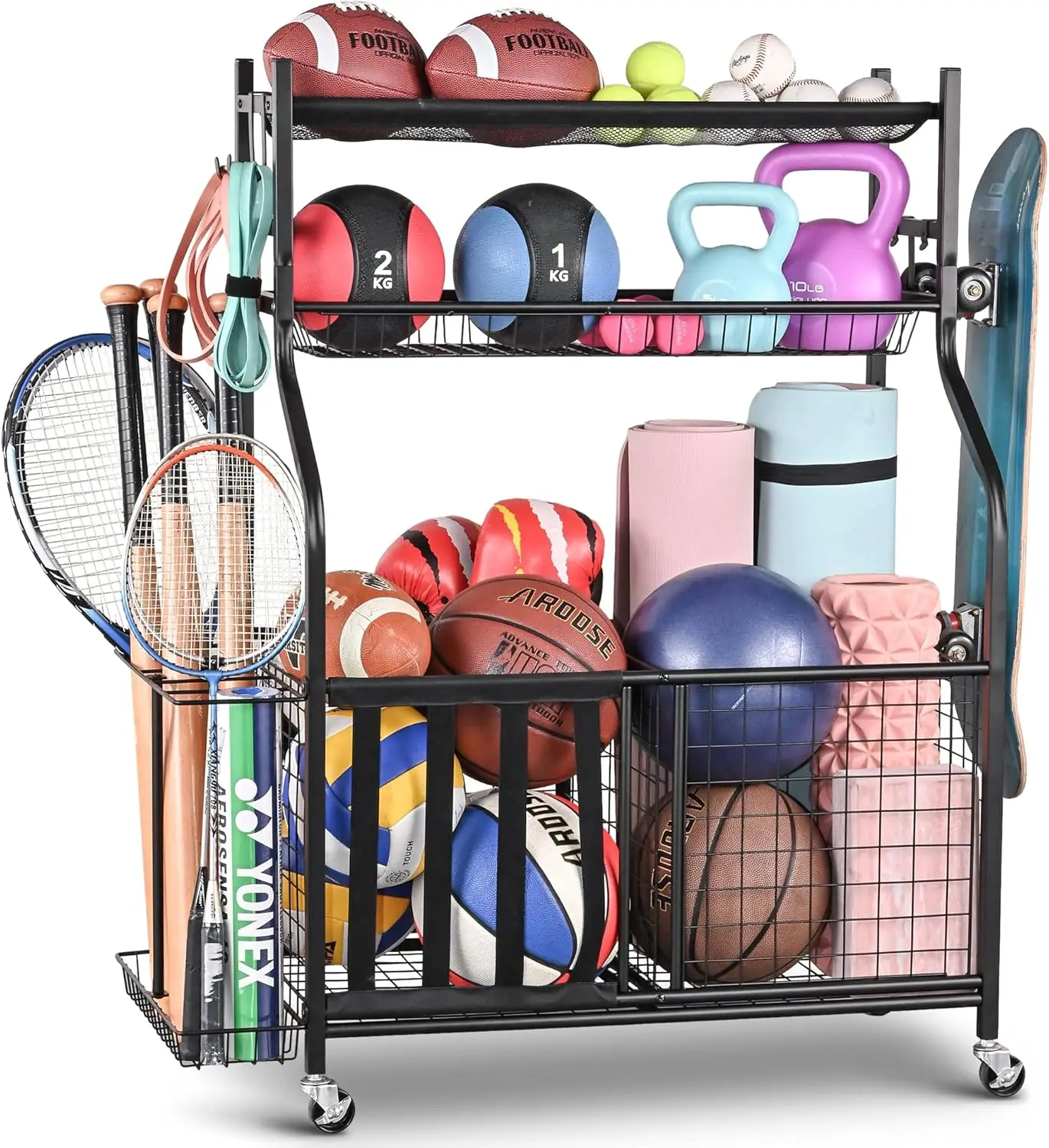 

Sports Equipment Storage Rack with Basket and Hooks for Garage, Indoor/Outdoor Organizer