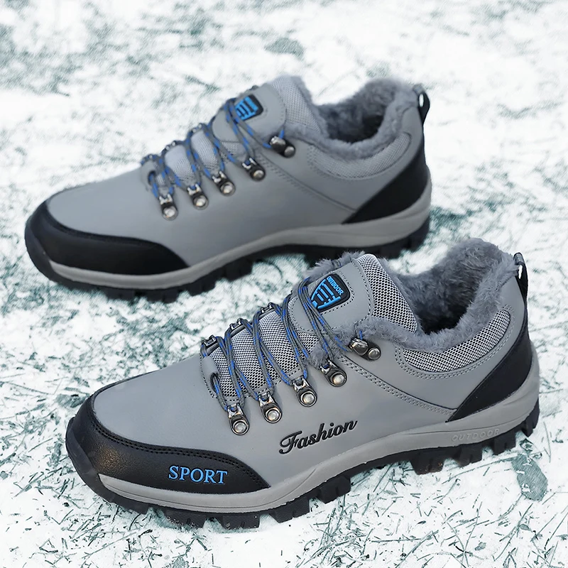 2026 winter new men's hiking shoes warm plush leather shoes outdoor low-cut wear-resistant anti-slip snow boots work men's shoes