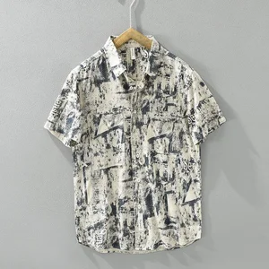 2024 Summer New Print Short Sleeve Shirts for Men Plus Size Casual Loose Cotton Shirts