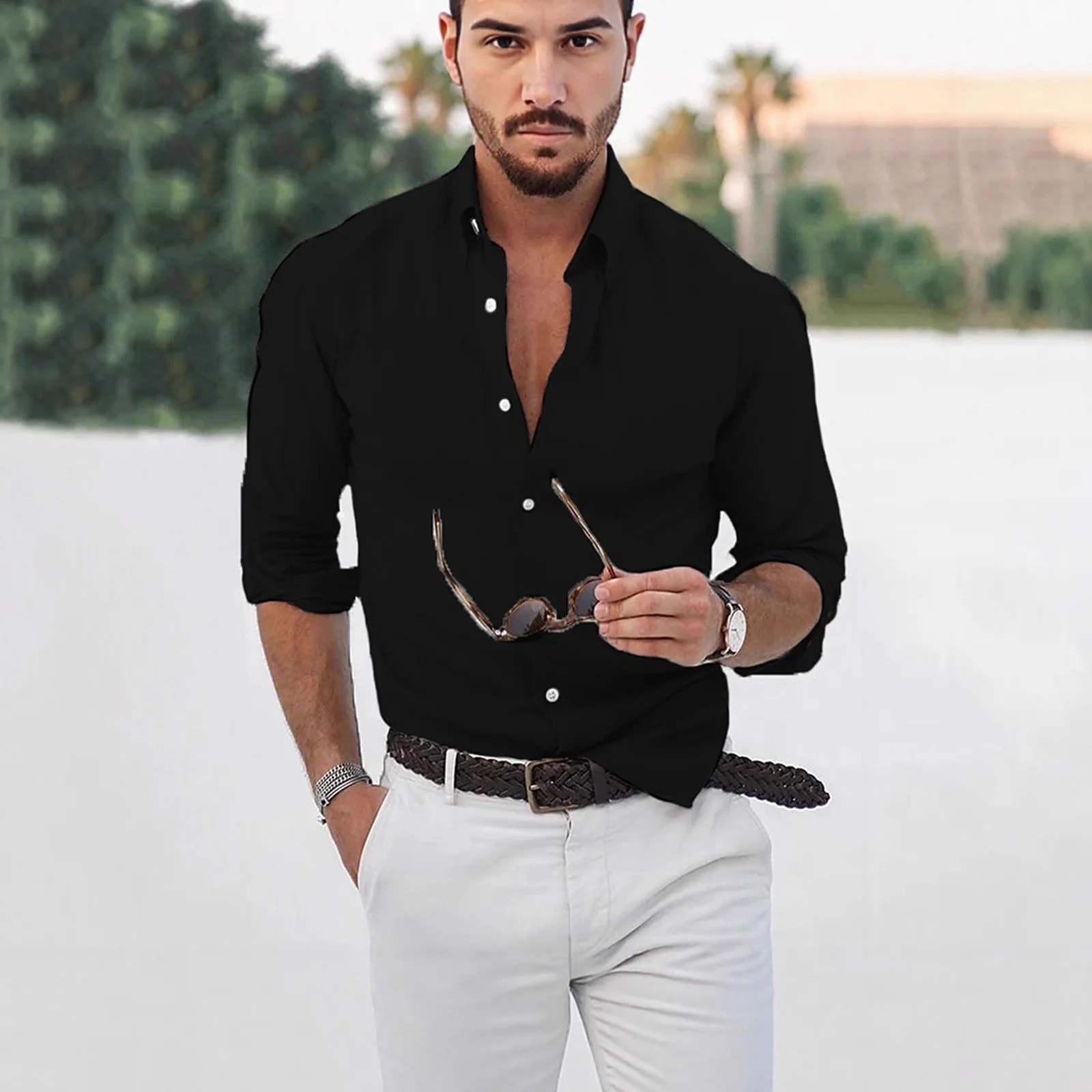 Elegant Men's Cotton Linen Long Sleeve Fashion Casual Shirt Lapel Loose Soft Comfortable Breathable Solid Color Cardigan