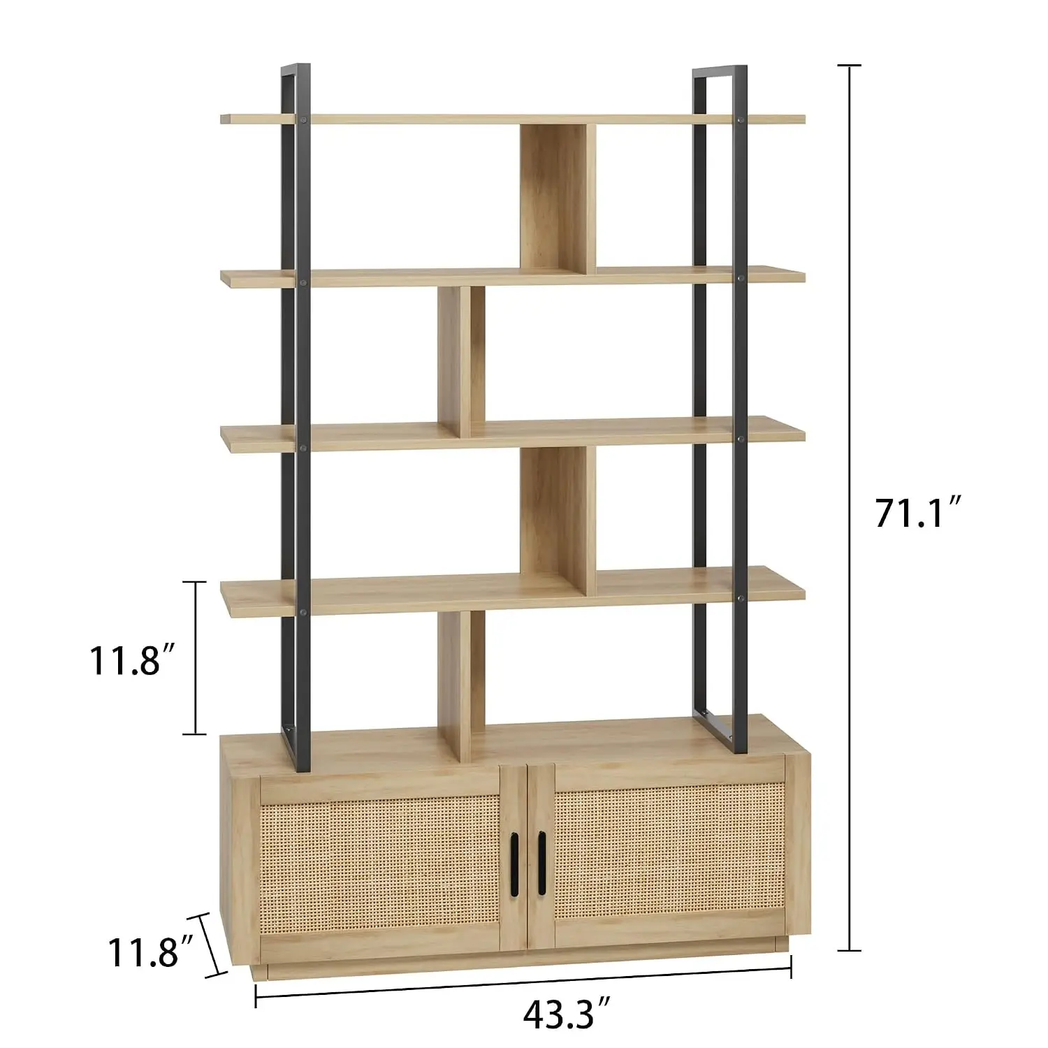71.1 Inch 5 Tier Rattan Bookshelf with Storage Cabinet & Door, Customized