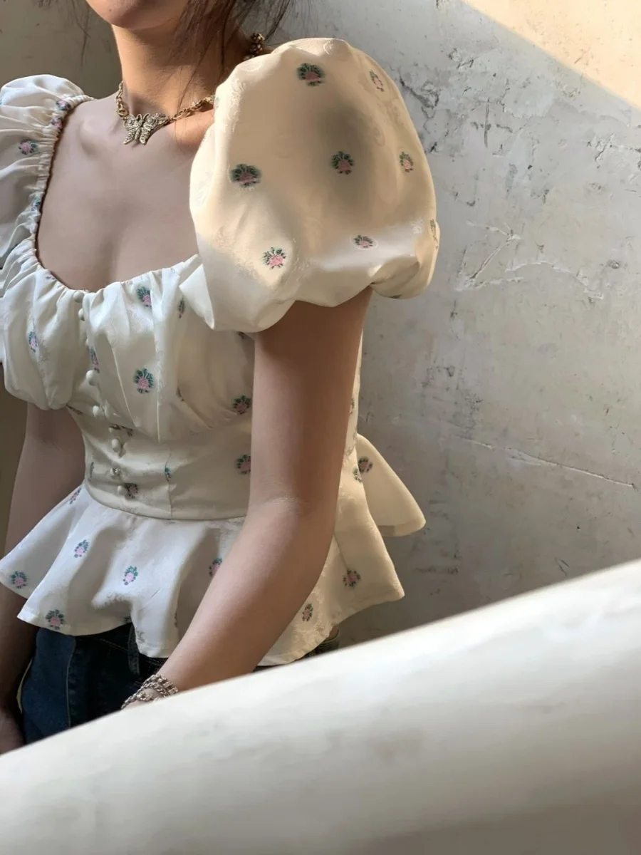 

Sexy Floral Print Bubble Sve Top Women's Summer 2023 Waist-Cinching Slimming Square Collar Blouse Commute Pure Color ort...