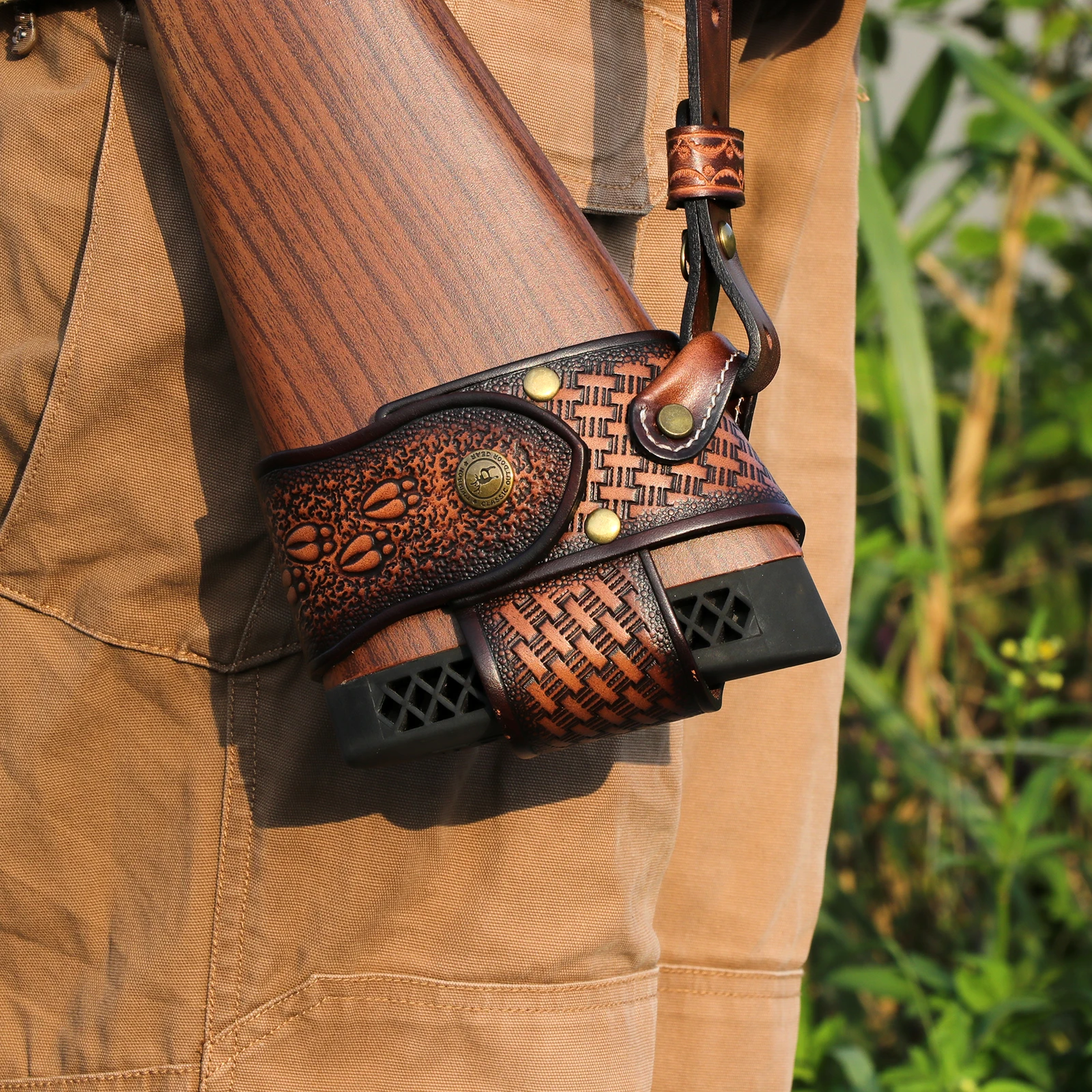 Tourbon Hunting Accessories Rifle Buttstock Holder Sling Mount Sleeve Leather Gun No-Drill Harnessed Brown Shooting