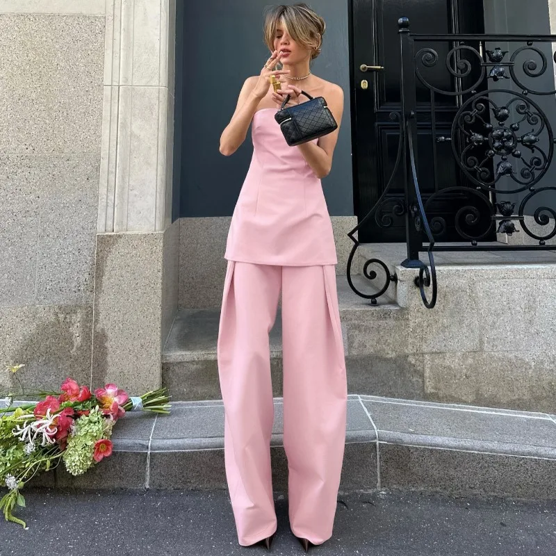 

Tuularose Women Pink Trousers Set Sexy Sheath Tank Casual Pant Sets Summer Solid Patchwork Elegant Streetwear Female Pant Sets
