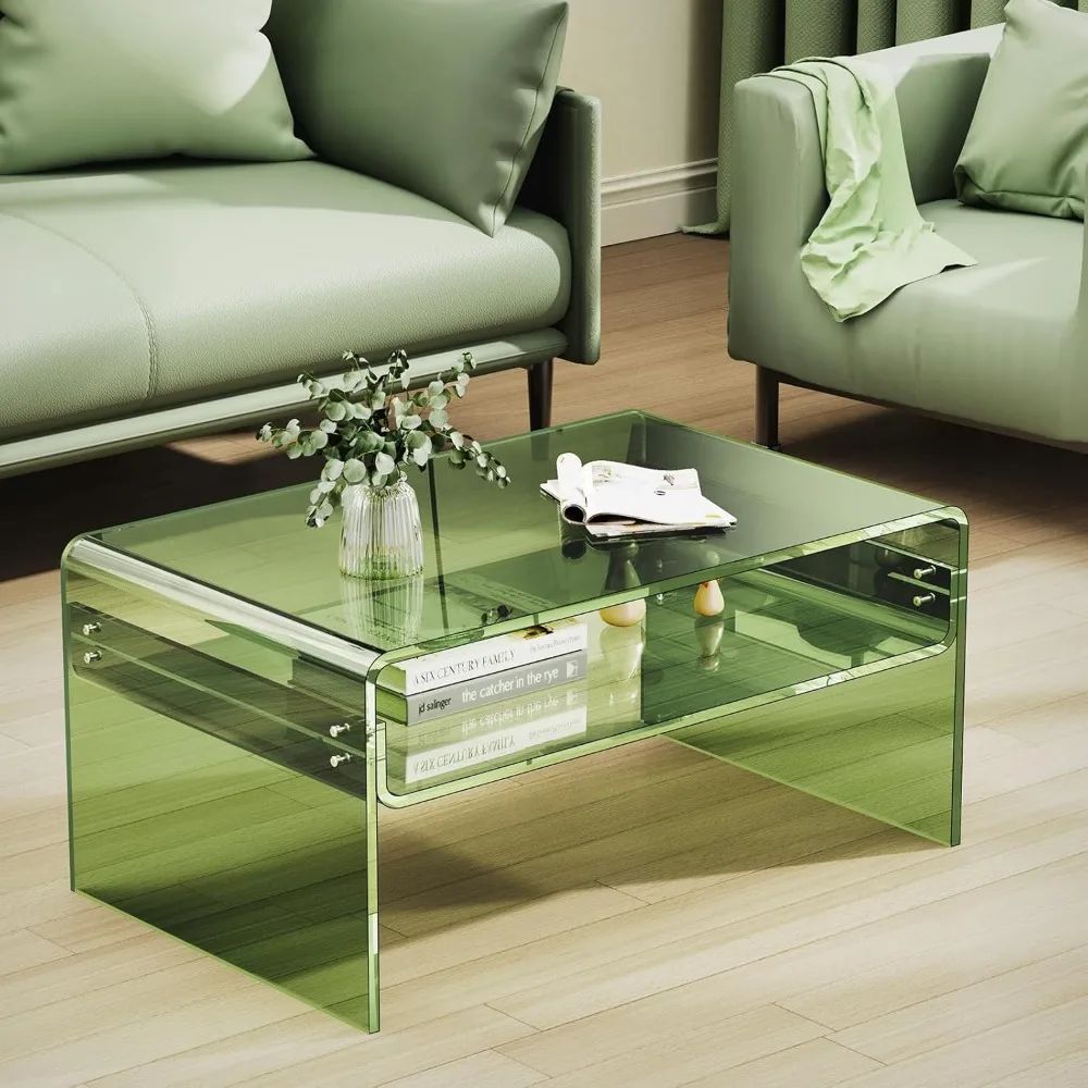 Mesa de centro acrílica para sala de estar Mesa retangular transparente Lucite com prateleira de armazenamento aberta (1, verde, grande)