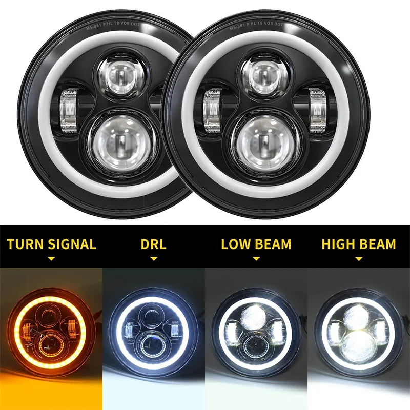 1PC 7 Inch Motorcycle LED Headlight DRL Angel Eyes For H-arley Honda Yamaha Jeep Wrangler Lada Niva Urban 45W 7