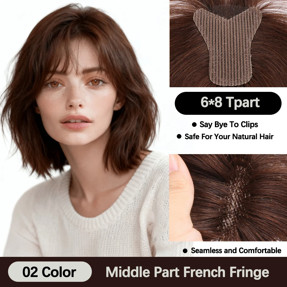 Wear&Go Topper Rambut Asli Tanpa Jepit Dengan Poni Ringan Magic Paste Topper Ringan Untuk Menutupi Bagian Rambut Tipis Menutupi Rambut Beruban 10 inci 25cm