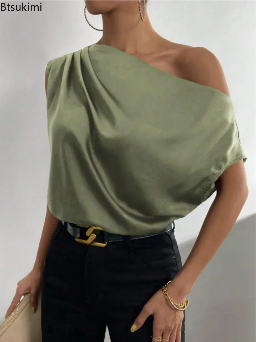 2024 Women\'s Freeacy Collar One-Shoulder Asymmetric Loose Satin Blouses Shirts Tanks Ladies\' Spring Summer Elegant Shirt Tops