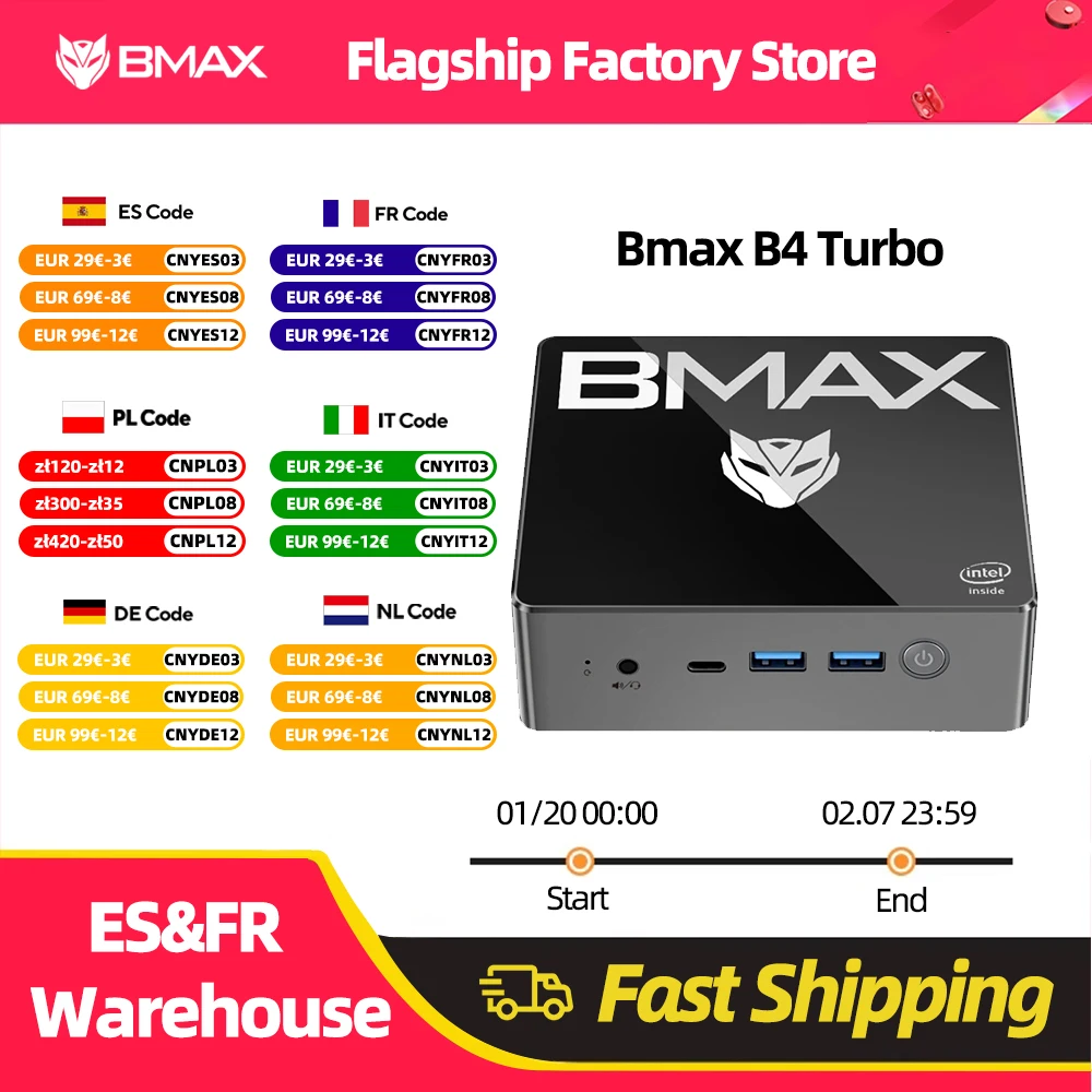 BMAX B4 Turbo Mini PC Windows 11 PC Intel N150 16GB 512GB SSD 2*HDMI 1*Type-C Supports 4K@60Hz 1000MHz Intel Graphics