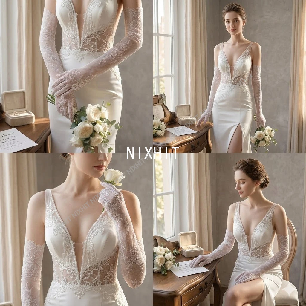 New Lace Thin Floral Transparent Women Breathable Sexy Banquet Dance Party Performance Wedding Dress Etiquette White Long Gloves