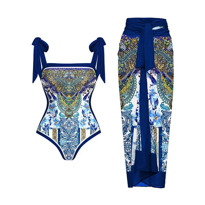 2025 New 2PC Print Retro Swimwear Push Up Playa Women's Swimsuit One Piece Bodysuit Patchwork Bathing Suit Pads Female Set - Image 5