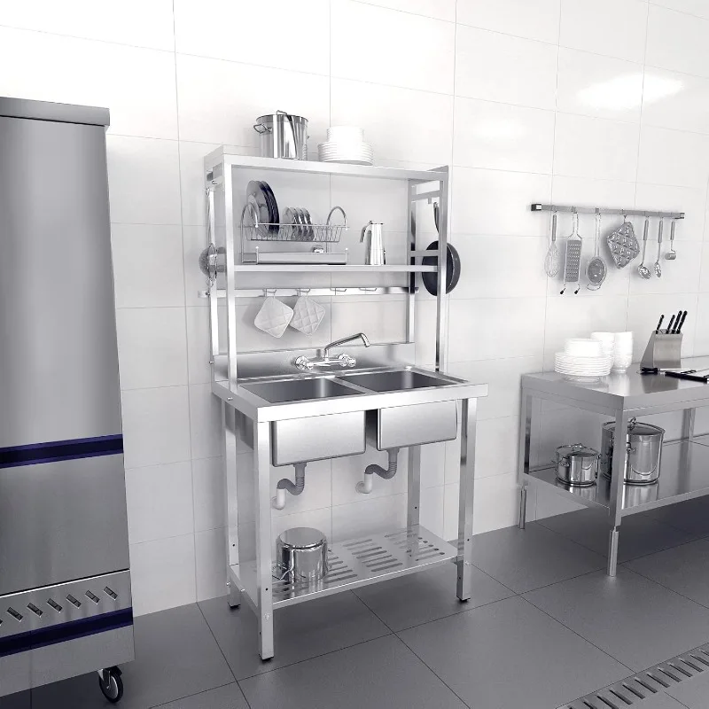 

Коммерческая мойка с 2 отделениями, 67 дюймов, полками над и сушильной стойкой, раковина из нержавеющей стали 304, двойная раковина с