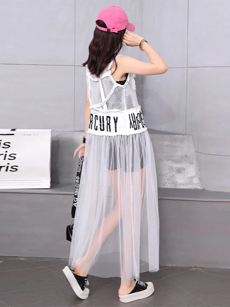 

Women's Mid-Length Denim Vest Spring Summer New Style Korean Version Black White Color Block Mesh Sleeveless Tank Top
