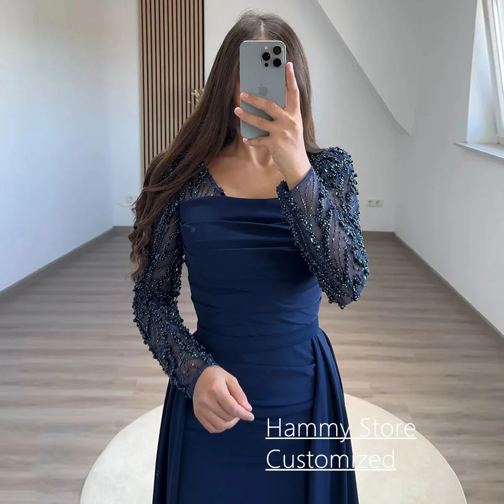 Navy Evening Dress for Woman Customized Long Sleeves Beading Sequined Straight Prom Gown with Train Party Robe De Soiree image 3