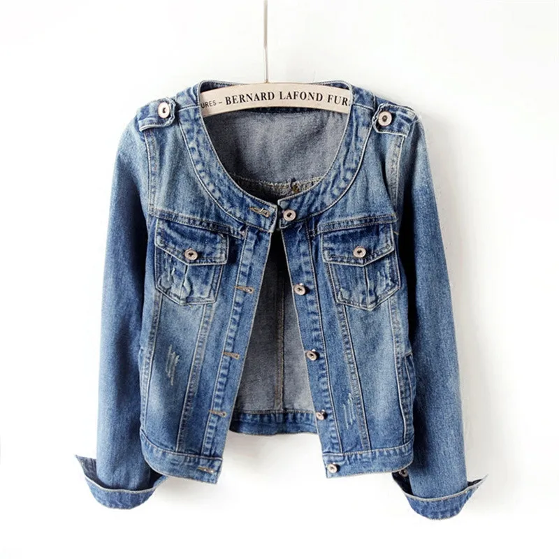 Vintage Blue Frayed Pocket Denim Jacket Women Slim Short Student Cowboy Outerwear O Neck Long Sleeve Jeans Jacket Coat Female