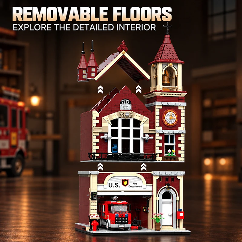 Vintage Street View Fire Truck Building Blocks Fire Station Architecture Display Sets City Model Collection Building Toys Gifts