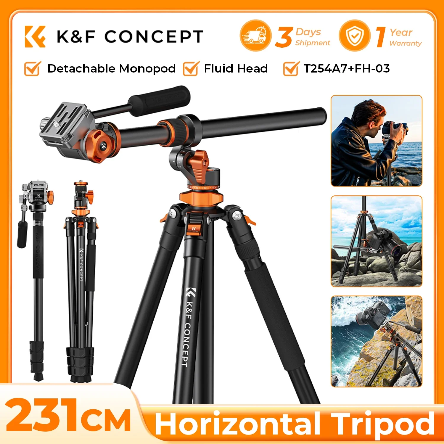 K&F CONCEPT 91 inch/2.3m Fluid Head Tripod Video Tripod Reversible Detachable Monopod Transverse Center Column Horizontal Tripod