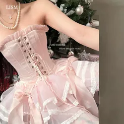 LISM Sexy Pink Corset Mini Short Formal Occasion Dresses Strapless Tiered Bows A-Line Cocktail Dresses Princess For Women Event