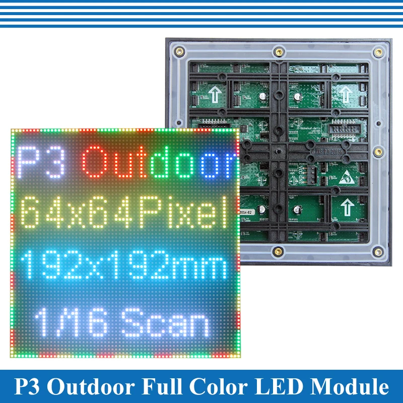 Módulo de panel de pantalla LED para exteriores P3, 192mm x 1/16, 64x64 píxeles, SMD, a todo color, 192