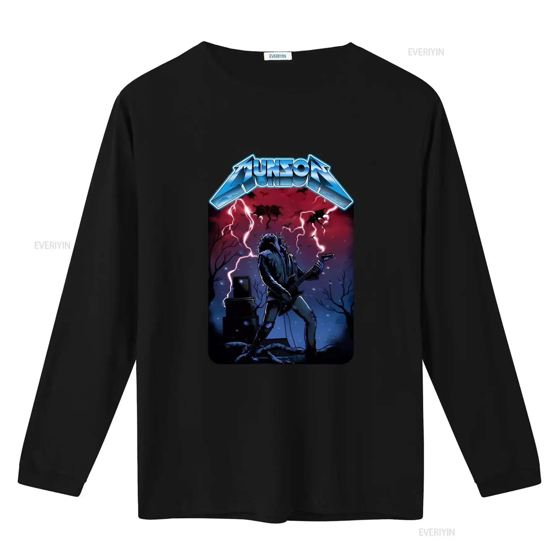 Eddie Play Guitar MunSon T Shirt for ST4 Fans Rock Style with Lightning Bats Print vintage Washed Versatile designer clothes