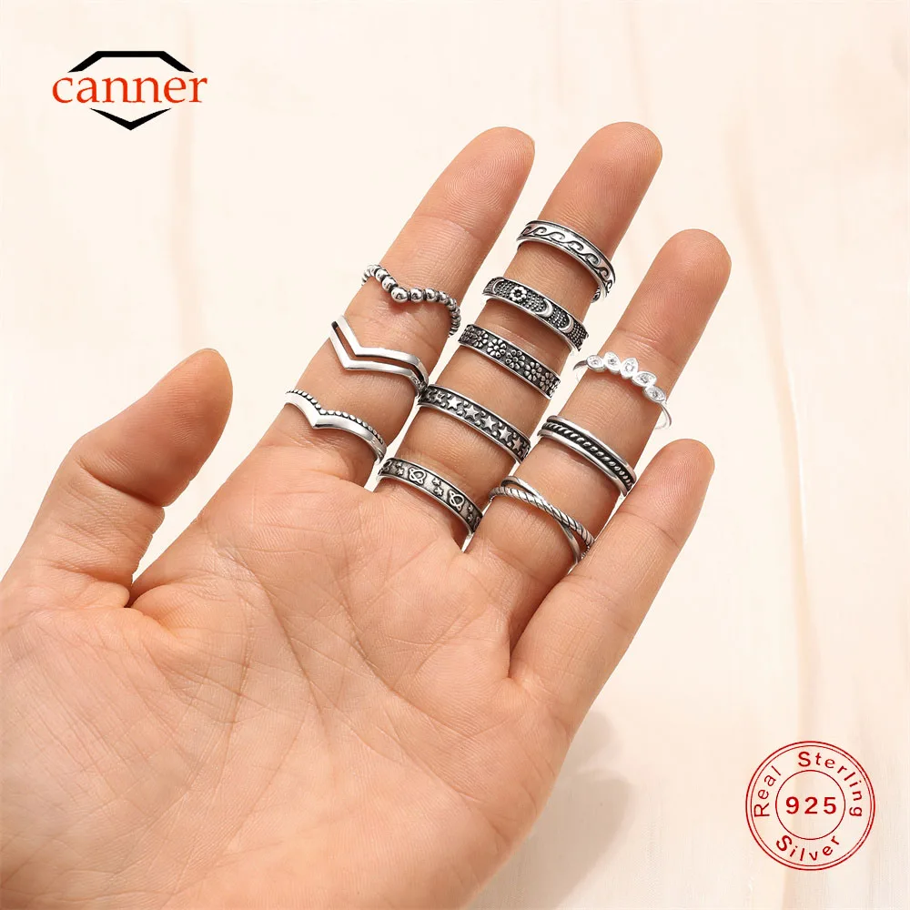 CANNER Vintage Geometric Lines Round Bead Plain Ring For Women 925 Sterling Silver Ins Adjustable Planet Star Ring Fine Jewelry