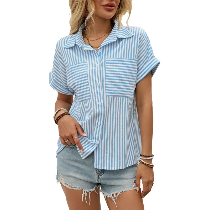 

【Party-Decoration】Button Down Crop Tops For Women Cropped Striped Shirts Dressy Casual Collared Blouses Summer Tee Top