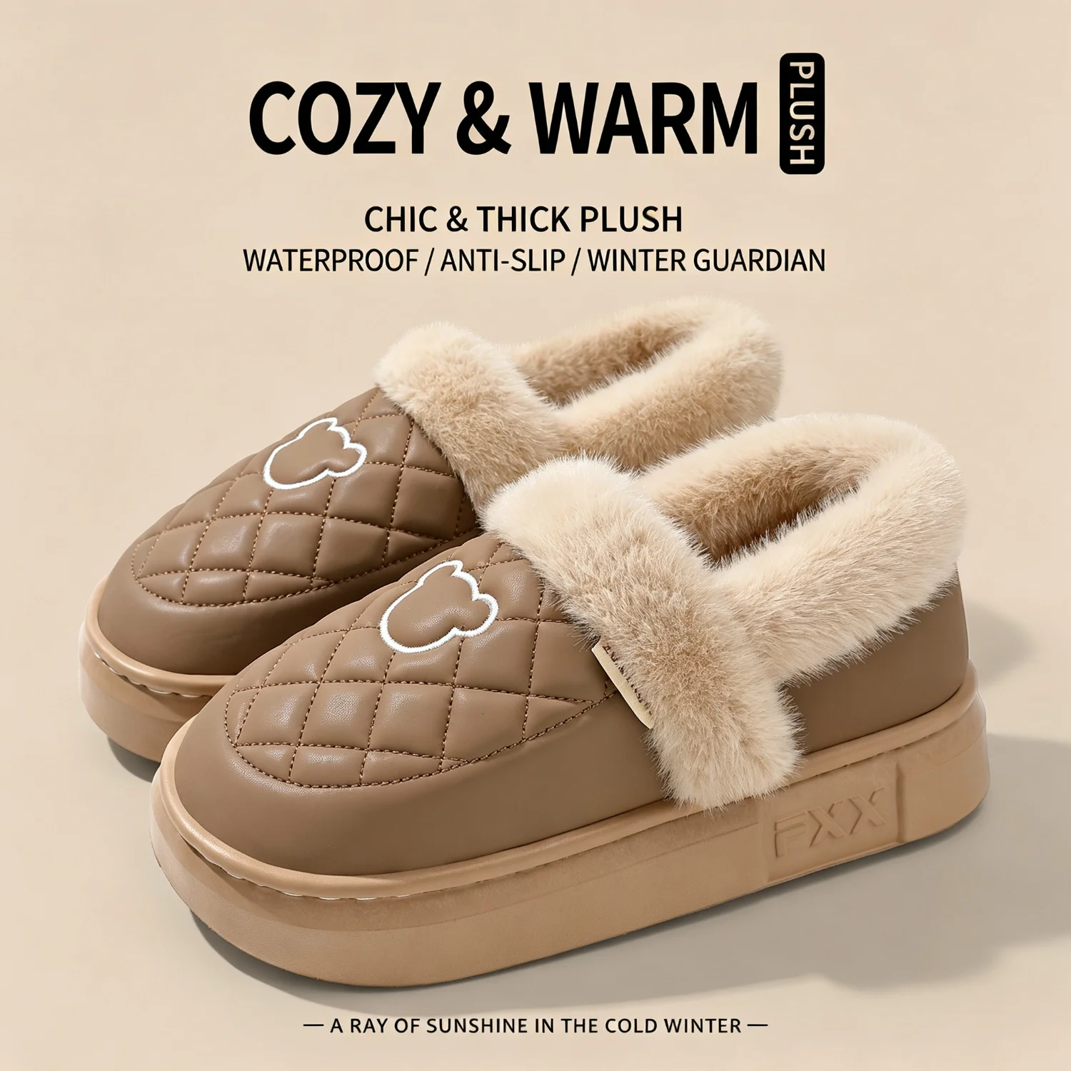 Winter-Wasserdichte Hausschuhe für Damen und Herren, mit dicker Sohle, warmem Plüschfutter, Bärenstickerei, rutschfest, weich, elastisch, für den Innenbereich. – Detail 31