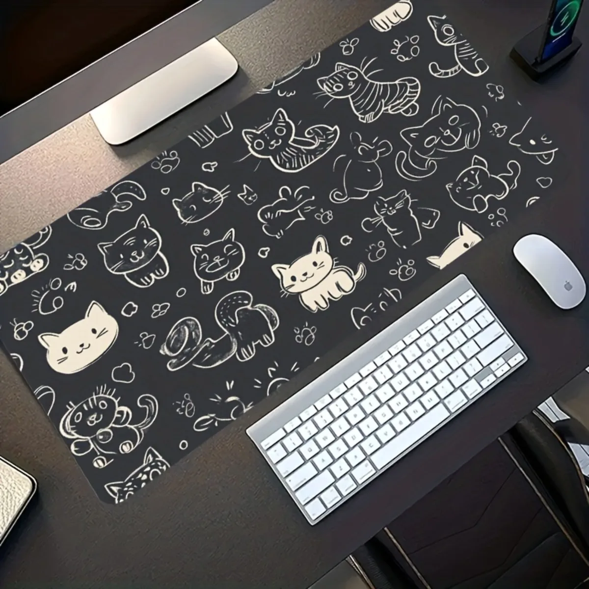 Comfortable Rubber Desk Pad Minimalist Cat Print Black Base Non Slip Washable Stain Resistant Stylish For Office And Gamer Gifts