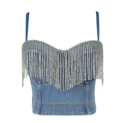 Bling Denim Jeans Rhinestone Tassel Diamond Sequins Women's Corset Sexy Girls' Bustier Night Club Party Cropped Top Hot Camisole