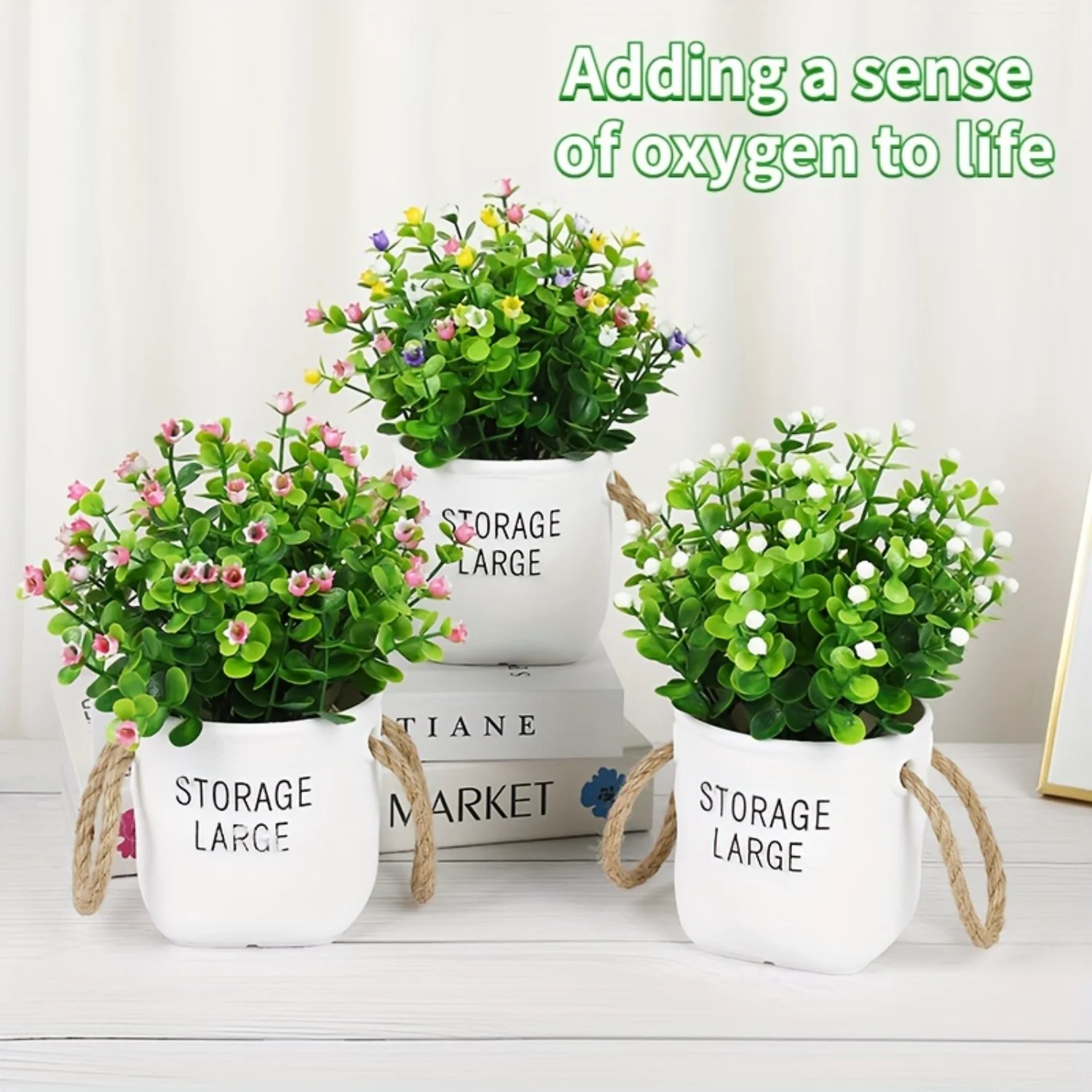 

Simple White Letter Design Vase with Hemp Rope Handle | Portable Drawstring Flower Pot for Living Room Decor | Rustic Style Vase