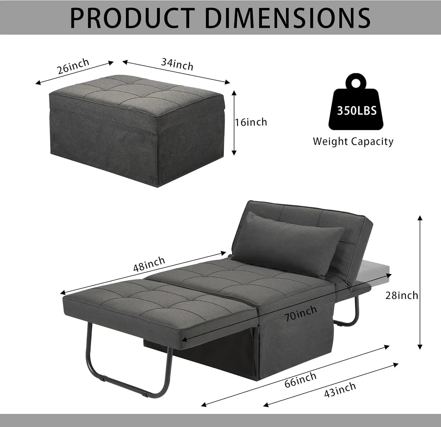 Sofa Bed, 4 in 1 Multi-Function Folding Ottoman Breathable Linen Couch Bed with Adjustable Backrest Modern Convertible Chair for