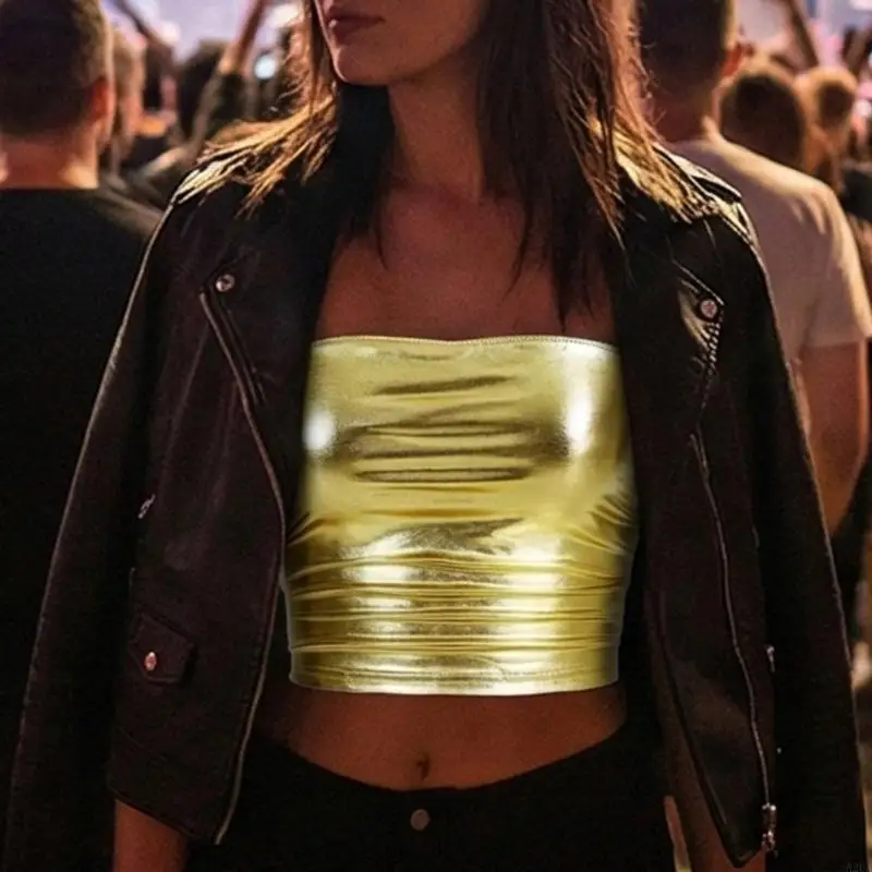 Girls Womens Metallic Crop Top,Sleeveless Strapless Tube Top Stretch Bandeau Tops for Raves Party Costumes Clubwear