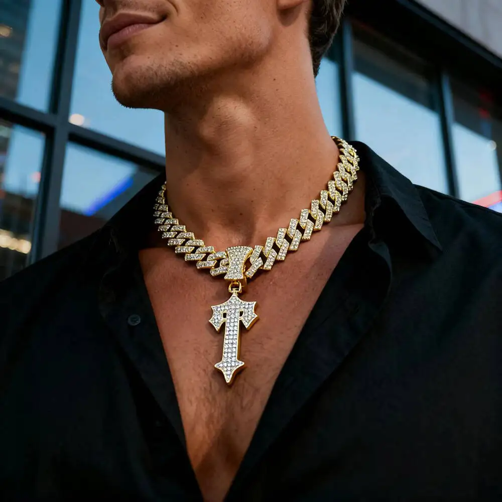 New Style Personality Big Full Diamond Cuban Necklace Hip Hop Niche Legendary Sword Armor Pendant