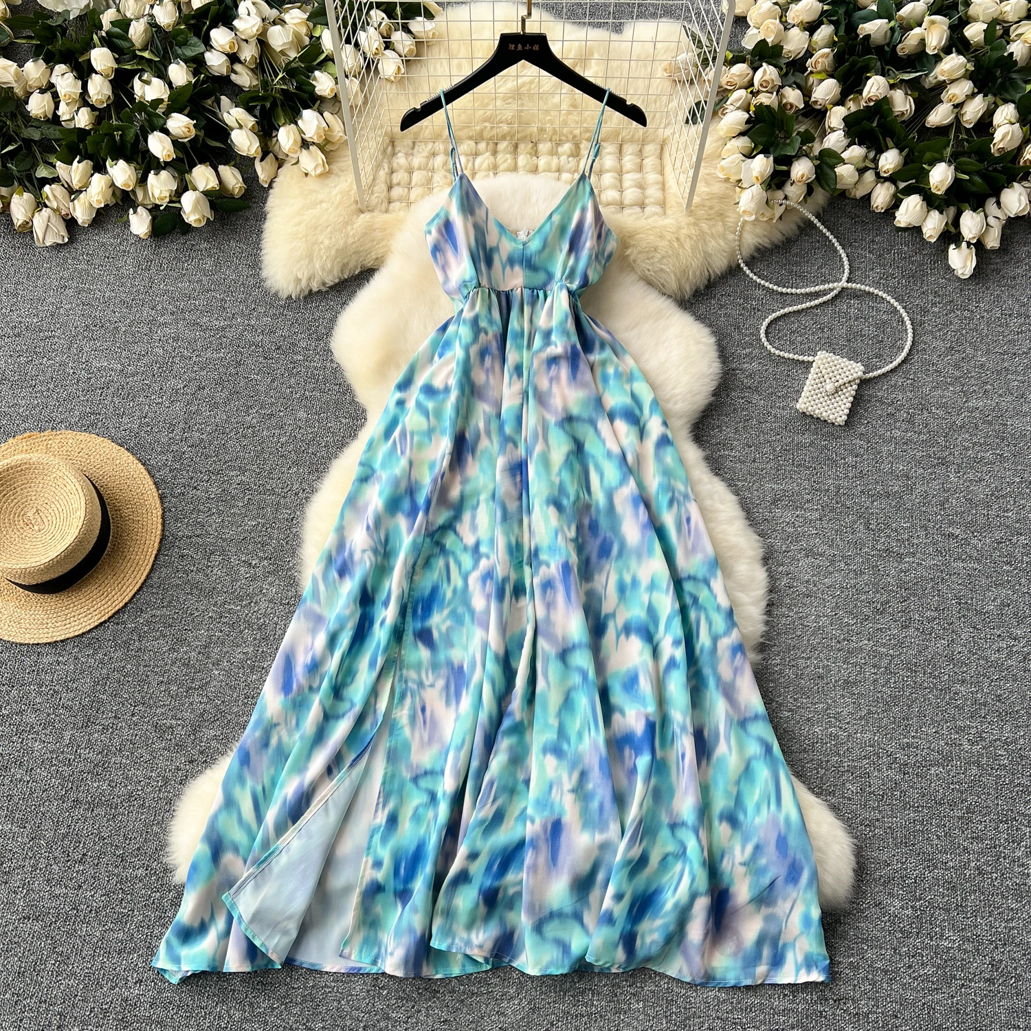 Robe fendue sans manches à imprimé tie and dye pour femmes, col en V vintage, mode mince, robes douces élégantes, mode d'été