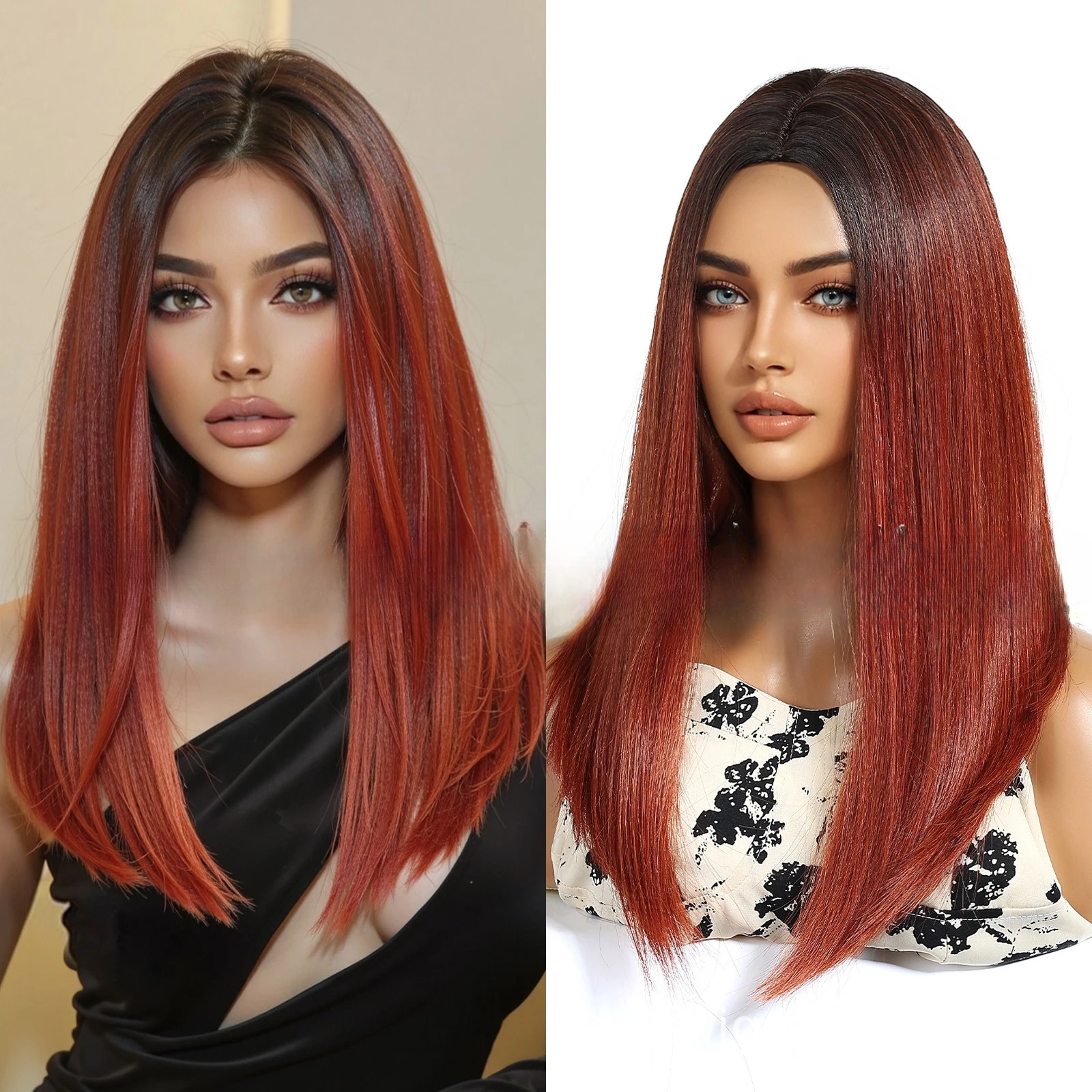 

Красный верхний окрашенный черный парик, прямые волосы средней длины с париками из термостойких волос